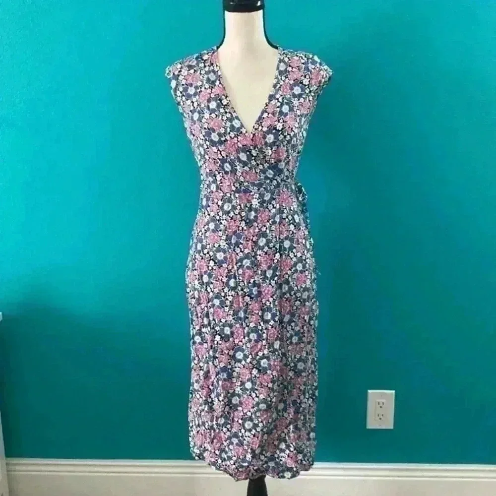 J crew Midi wrap dress in soft rayon pink-and-blue flowers in size xxs